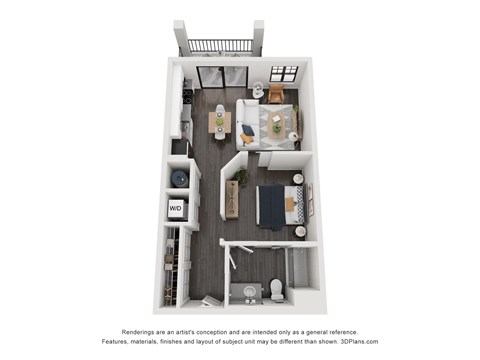 Floor plan for studio, 1 bath, 643 sqft